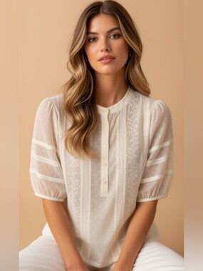 LOFT Cream Relaxed Boho Swiss-Dot Blouse with Mandarin Collar NWT